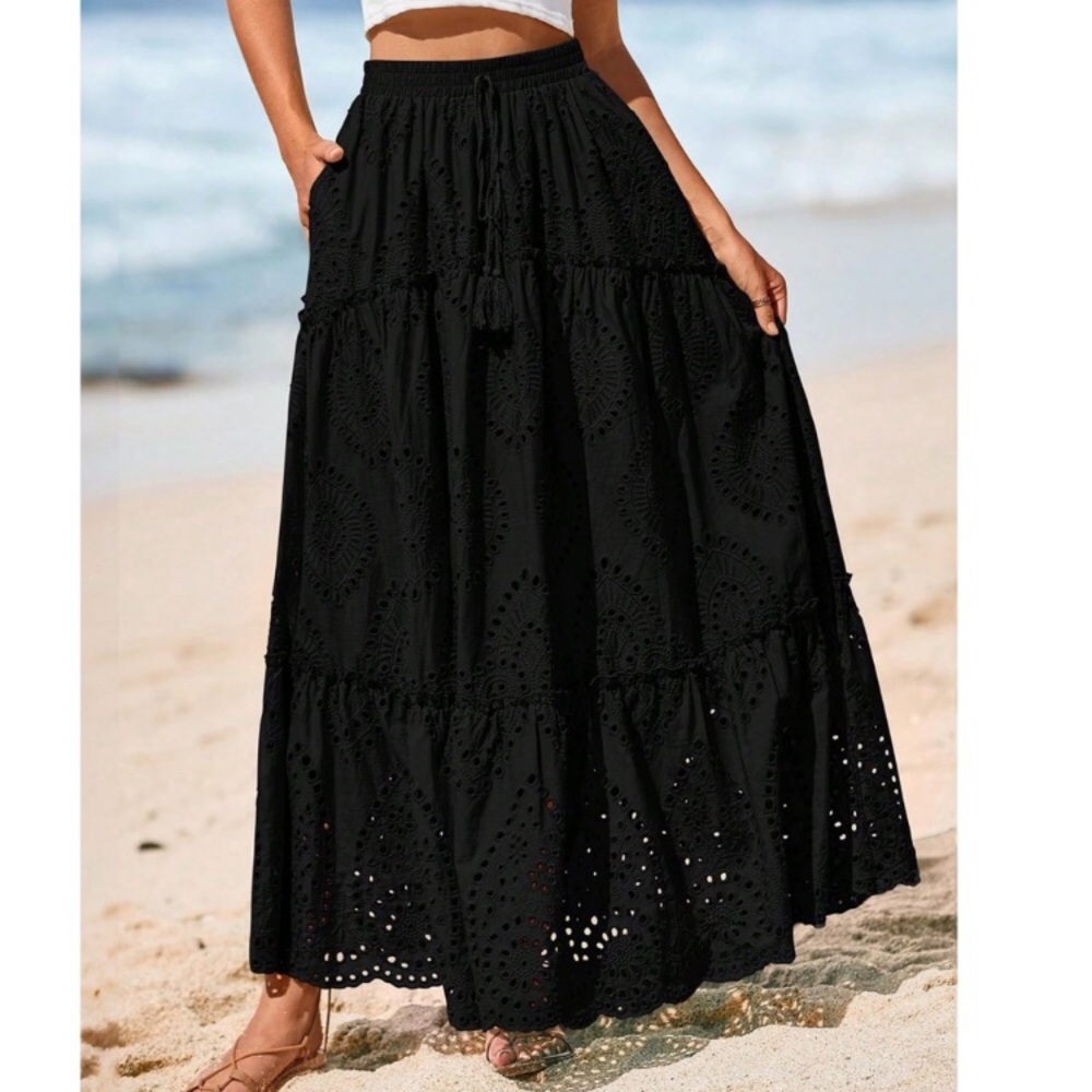 Boho Eyelet Lace stretchy waist Flowy Maxi Skirt